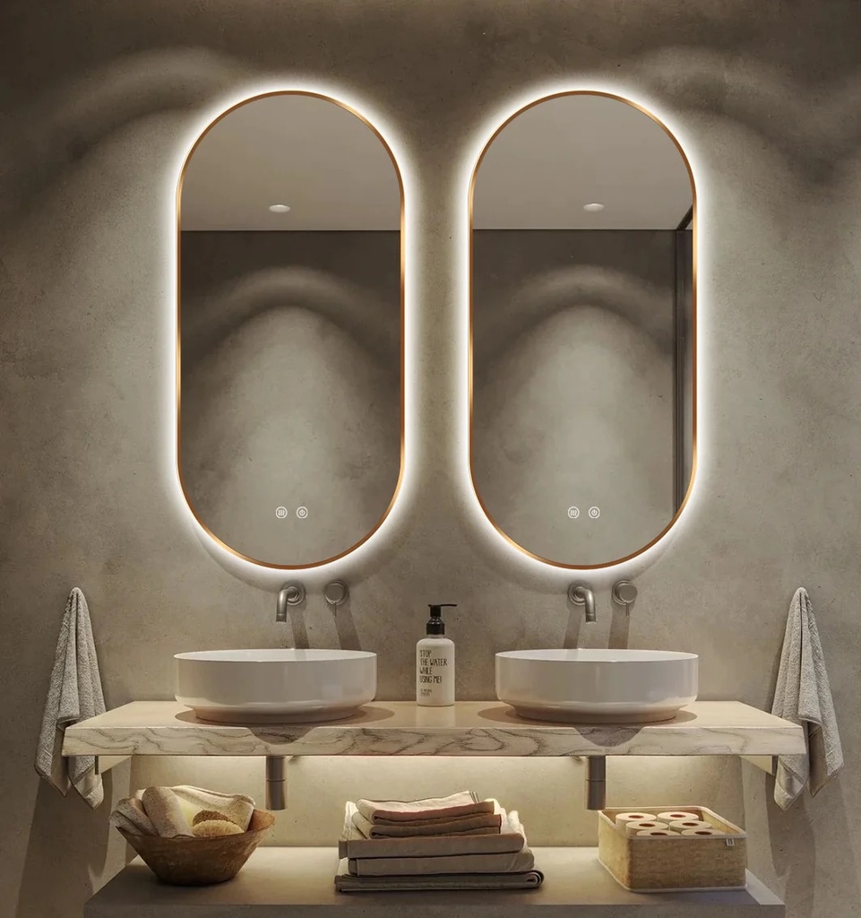 Oglinda 50*100cm LED cu Dezaburire ,Touch ,Trei Tipuri Lumina , Rama Auriu/Bronz