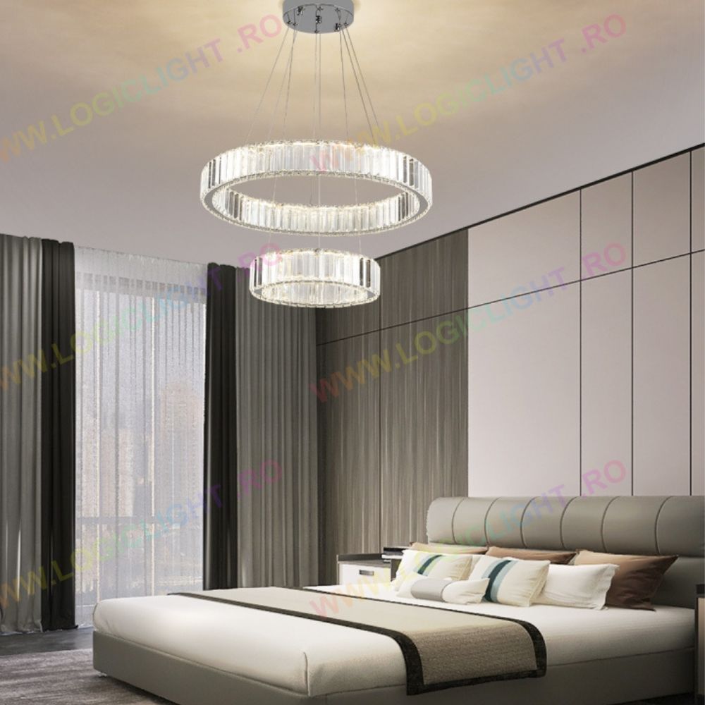 Lustra Led Cristal Duble Ring 64W Chrome, Cristale K9, cu Telecomanda, Intensitate Reglabila
