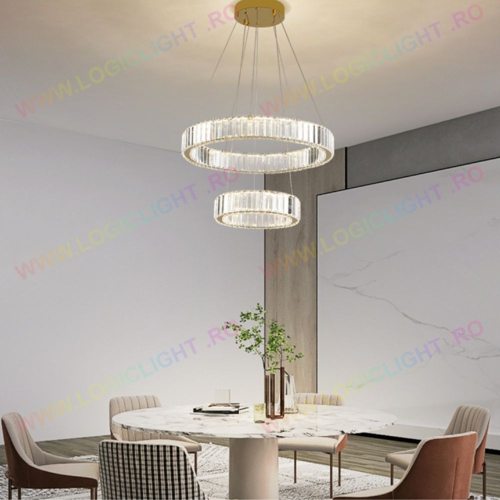 Lustra Led Cristal Duble Ring 64W Gold, Cristale K9, cu Telecomanda, Intensitate Reglabila