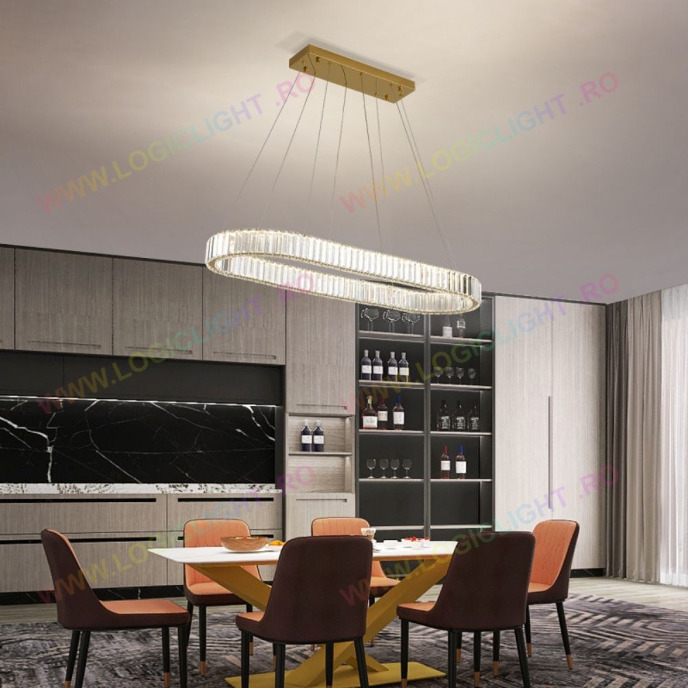 Lustra Led Cristal Oval 64W Gold, Cristale K9, cu Telecomanda, Intensitate Reglabila