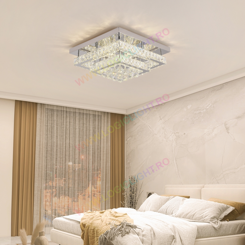 Lustra Led 128W, Cristal Sofie, Patrata cu Telecomanda si Intensitate Reglabila