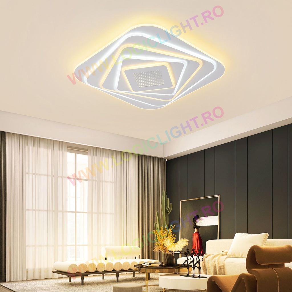 Lustra Led Pentagon Alba 288W 20160Lm, Cu 5 Nivele De Lumina Si Telecomanda, Intensitate Reglabila