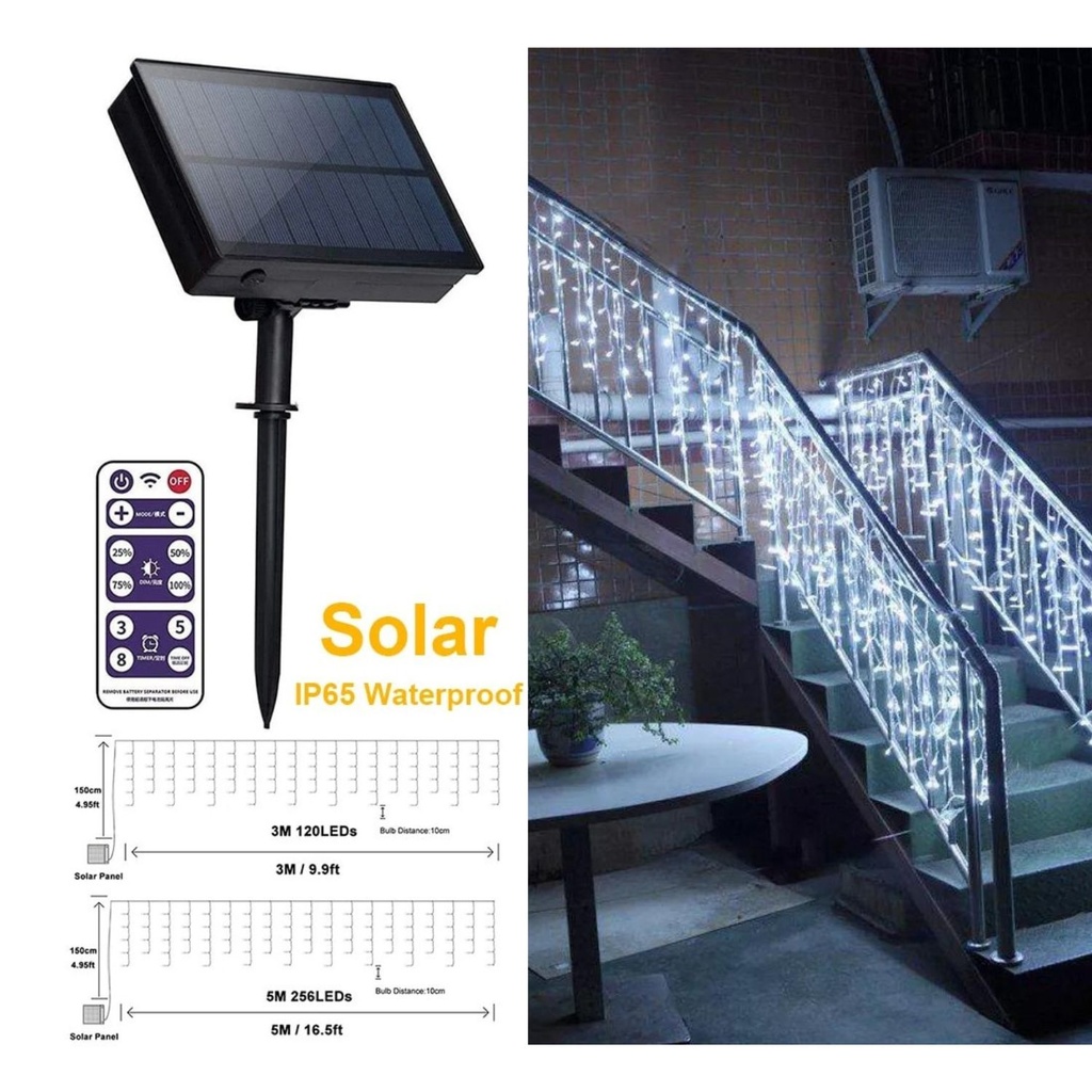 Instalatie Solara 300 Led franjuri, Siruri Turturi Inegali, 12ml Alb Rece